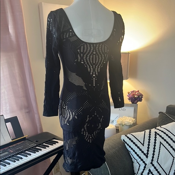 Bebe Bodycon Dress. Black Nude Underlay - Picture 7 of 8